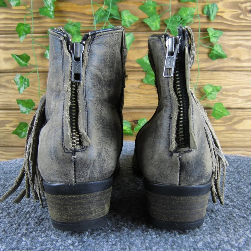 Very Volatile Distressed Gray Leather Fringe Western‎ Ankle Boots - Women's 7.5